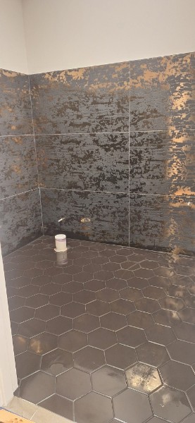 Bathroom with dark hexagon tile accent wall